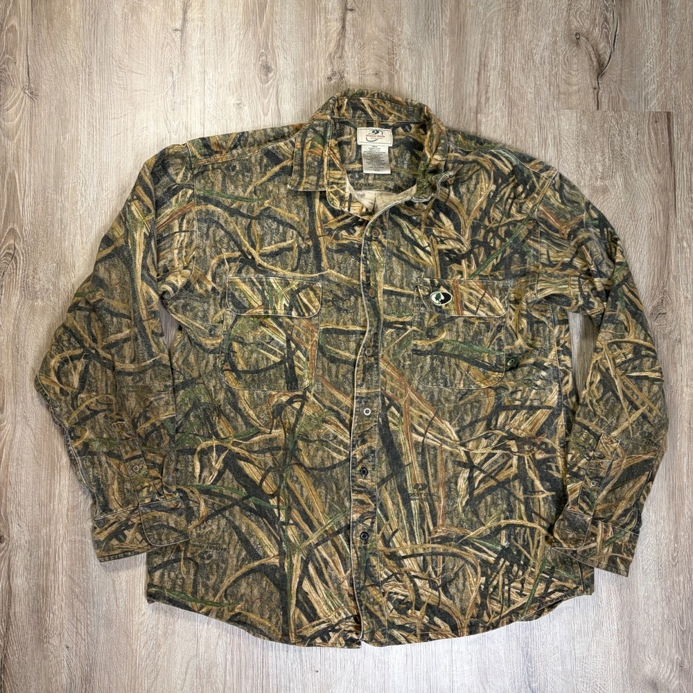 Mossy Oak Chamois Shirt Mens Size Large Shadwo Grass Camo Cotton Button Up
